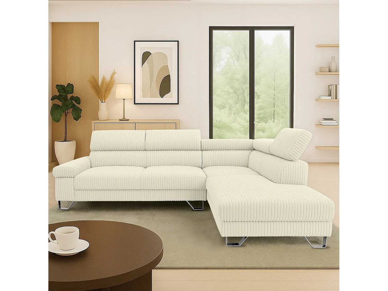 Canapé d'angle à droite avec têtières relevables Quentin Velours côtelé Beige