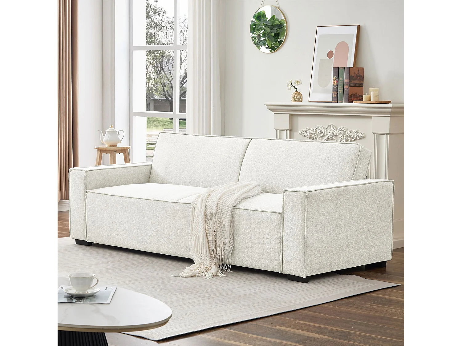 Canapé convertible clic-clac 3 places Pikado Tissu effet lin Crème