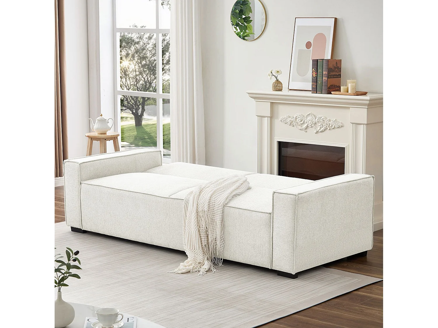 Canapé convertible clic-clac 3 places Pikado Tissu effet lin Crème