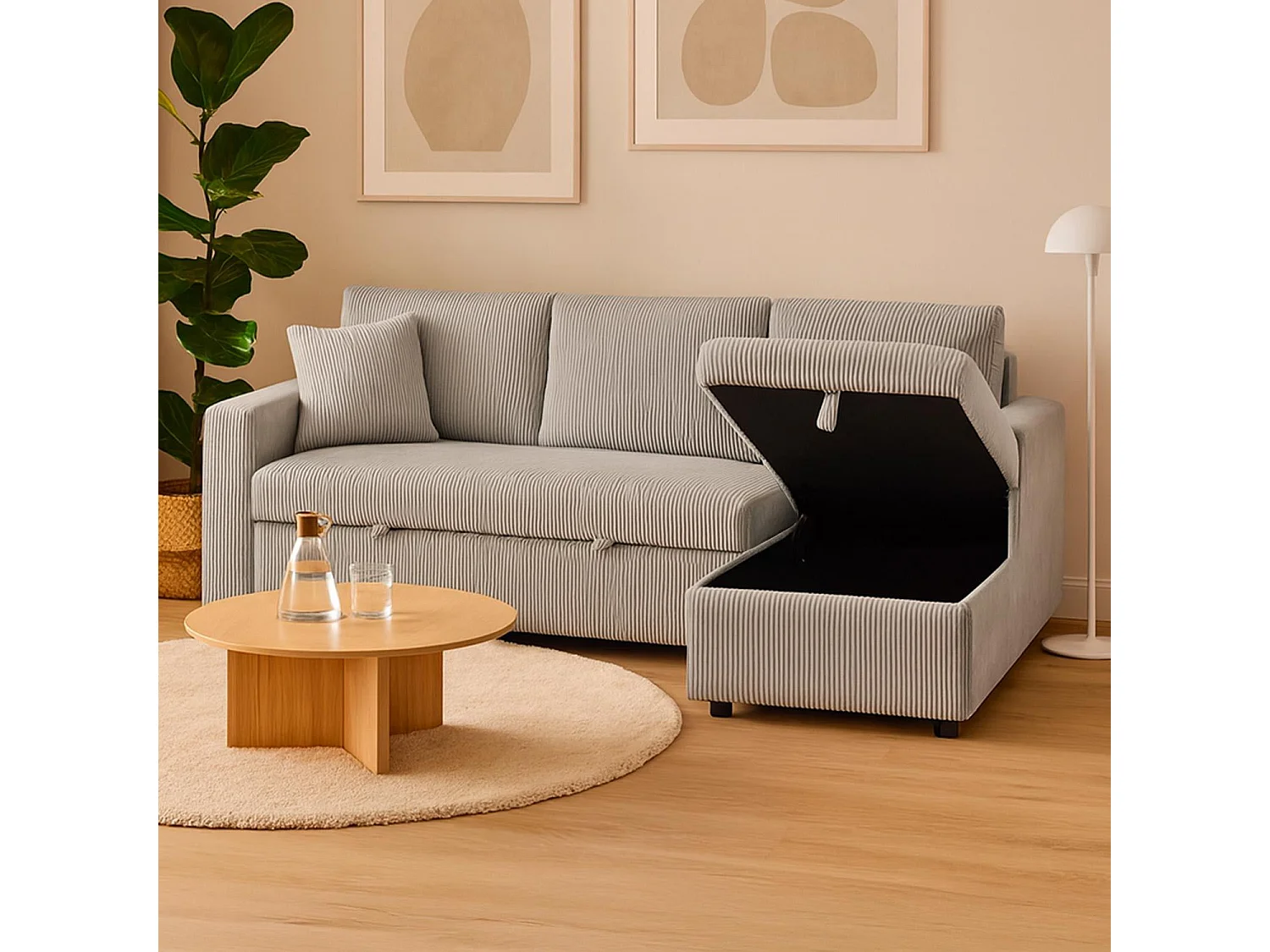 Canapé d'angle convertible avec coffre de rangement réversible Toledo Velours côtelé Argent