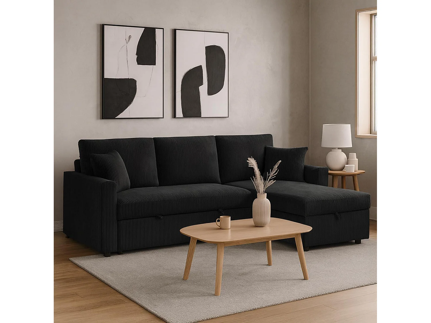 Canapé d'angle convertible avec coffre de rangement réversible Toledo Velours côtelé Noir