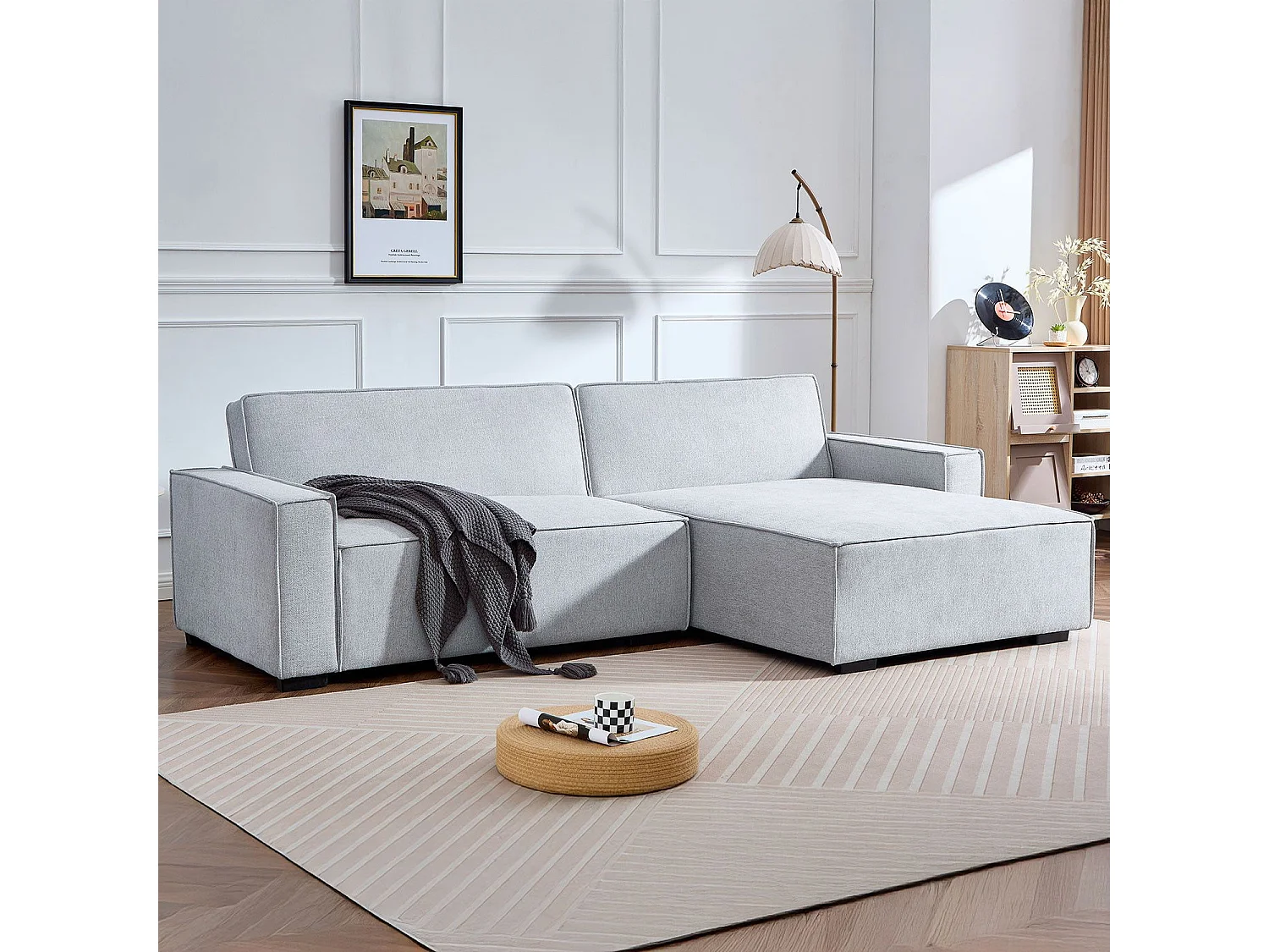 Canapé convertible cic-clac avec angle réversible Pikado Tissu effet lin Gris clair