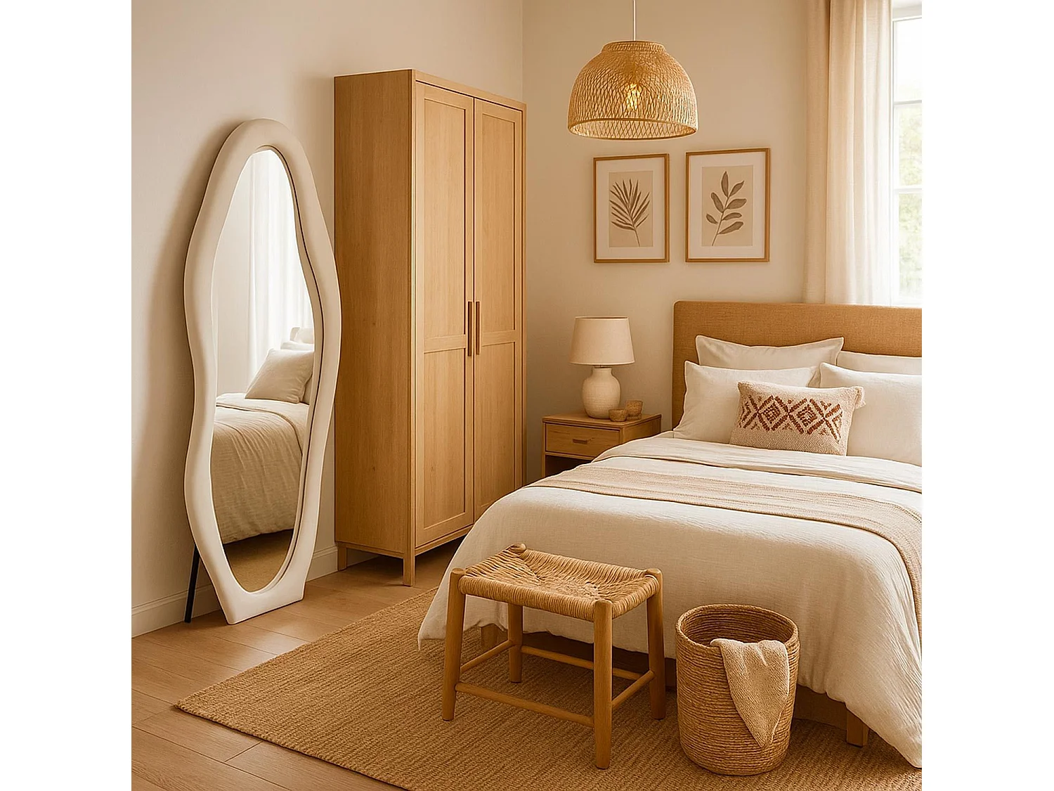 Miroir en pied décoratif design ondulé Pierrot 70x170cm Velours Crème