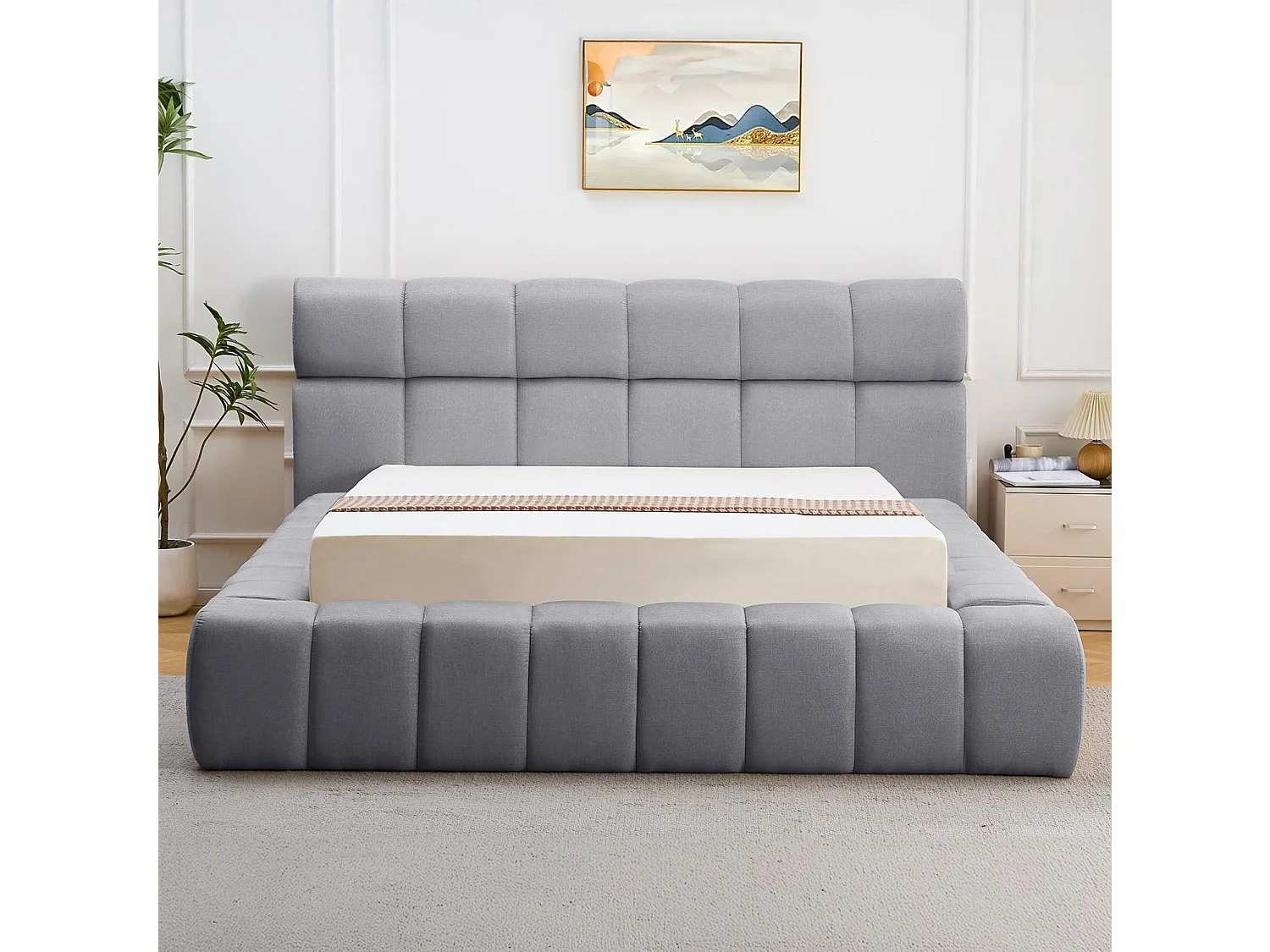 Lit-coffre avec rebords matelassés Challow 140x190cm Tissu Gris foncé