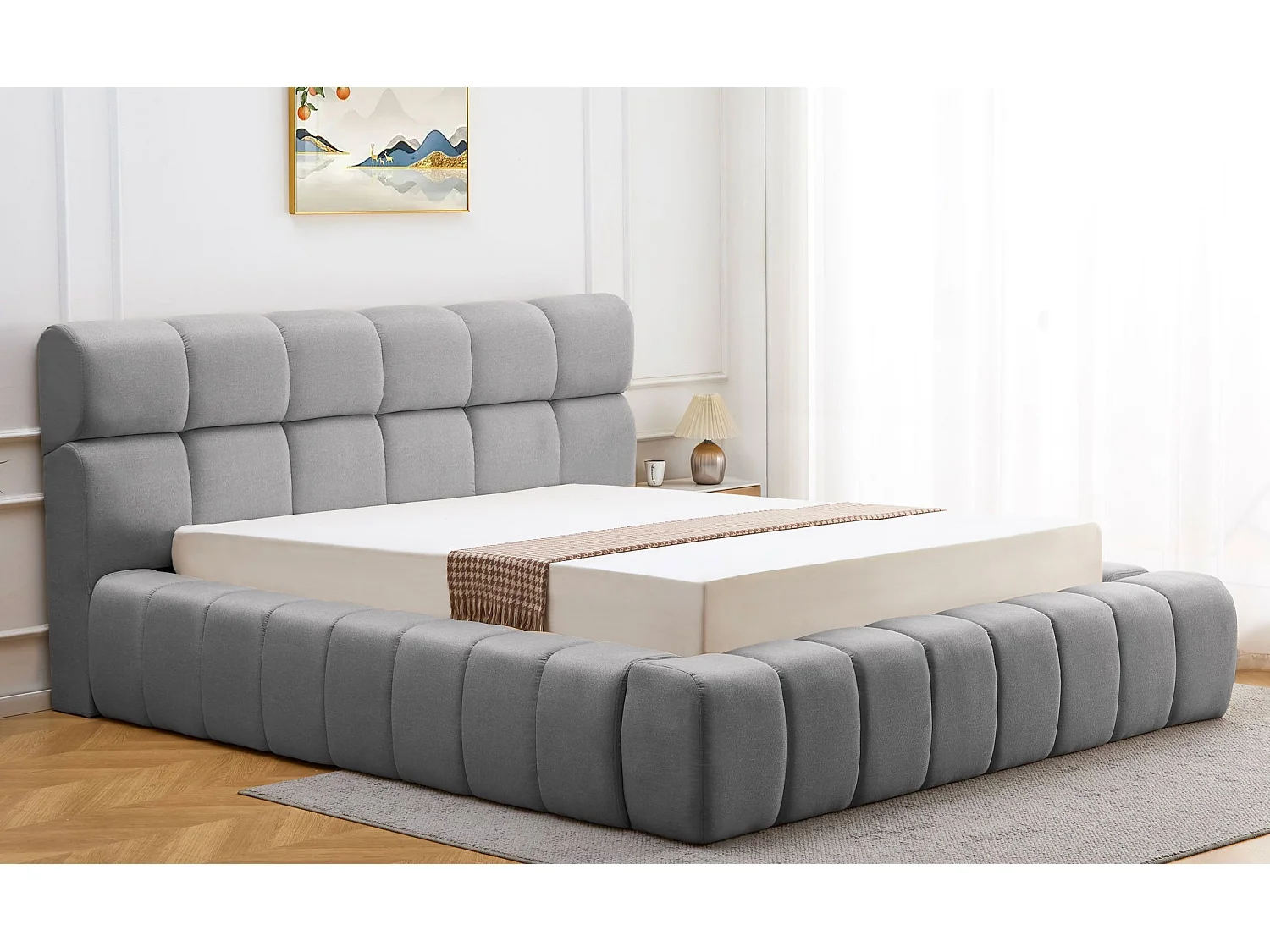 Lit-coffre avec rebords matelassés Challow 140x190cm Tissu Gris foncé