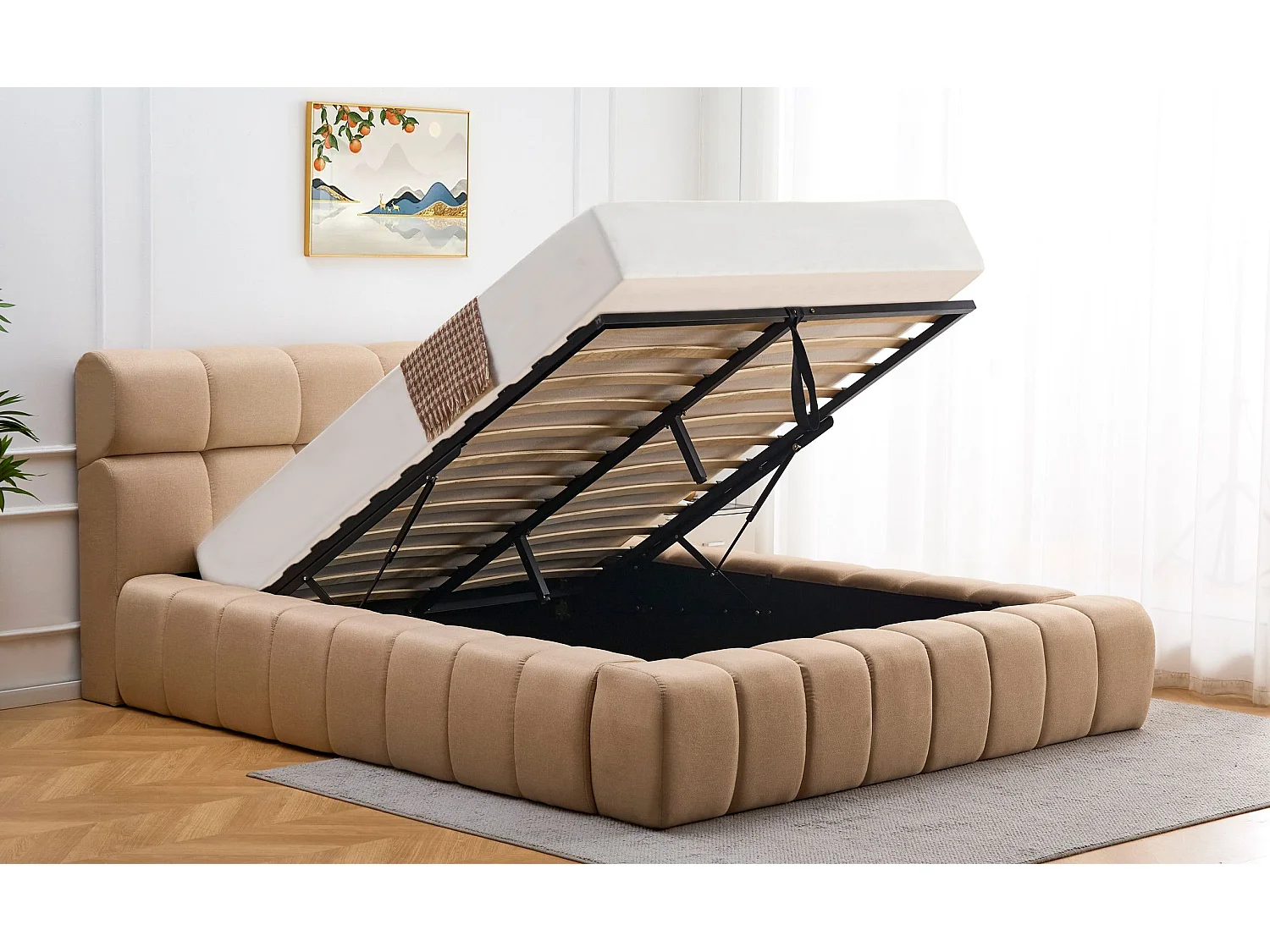 Lit-coffre avec rebords matelassés Challow 180x200cm Tissu Beige