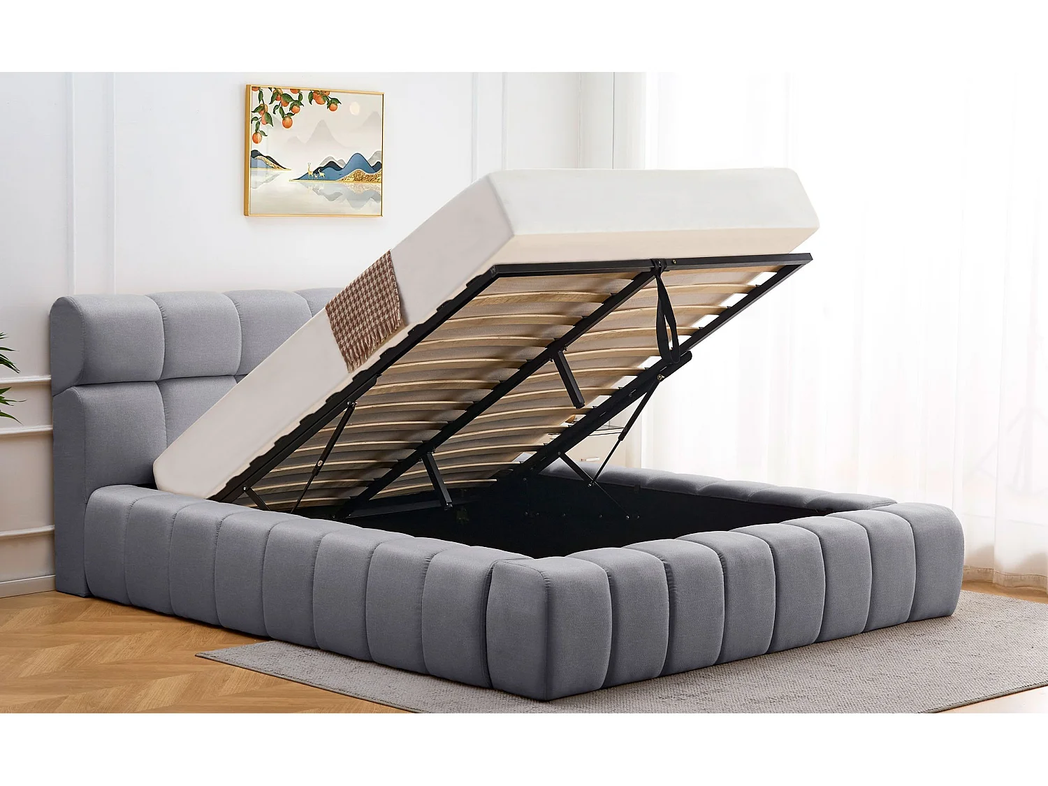 Lit-coffre avec rebords matelassés Challow 180x200cm Tissu Gris foncé