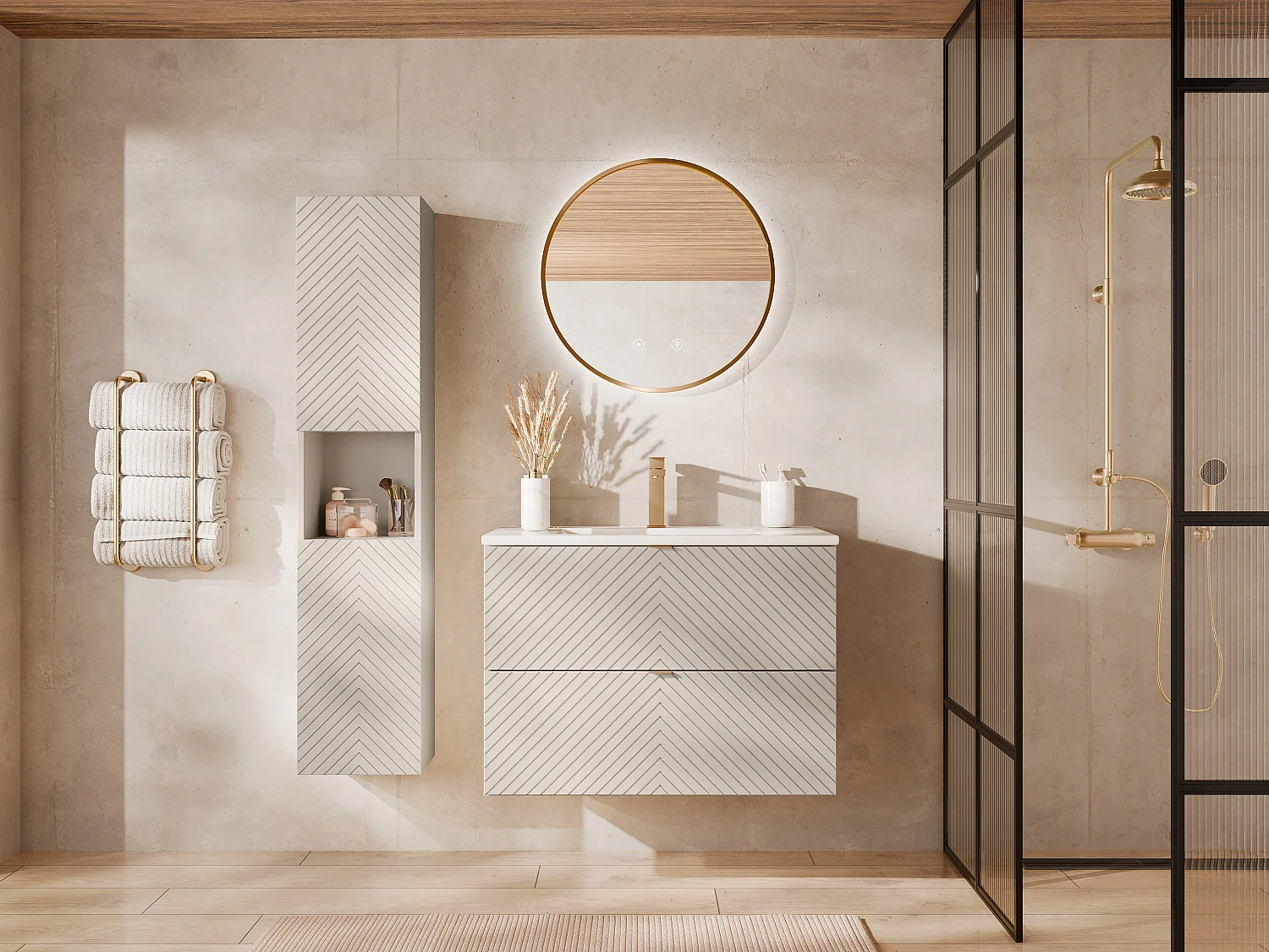 Meuble de salle de bain suspendu en chevrons avec vasque à encastrer et colonne - Beige - 80 cm - DORIONI