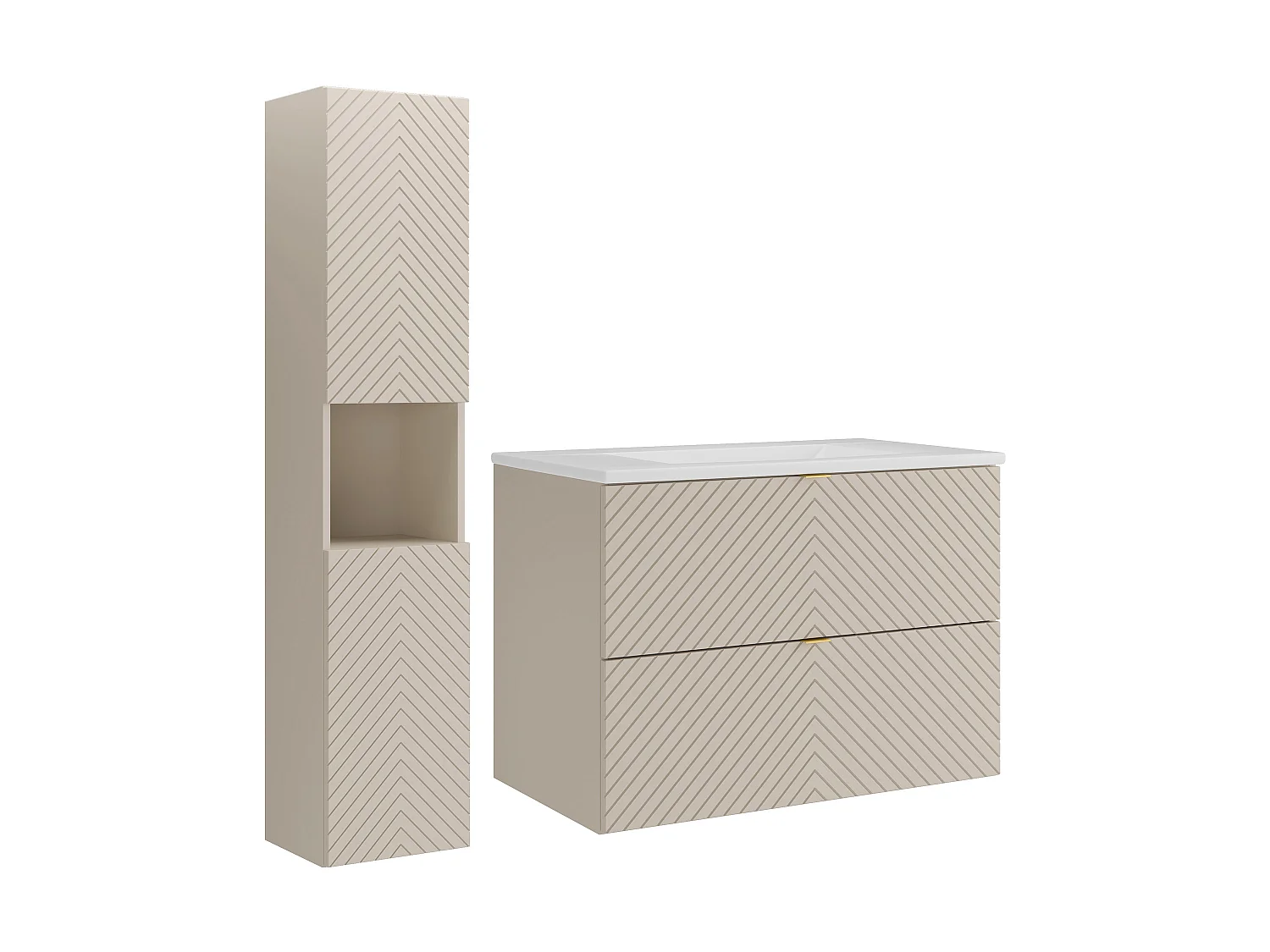 Meuble de salle de bain suspendu en chevrons avec vasque à encastrer et colonne - Beige - 80 cm - DORIONI