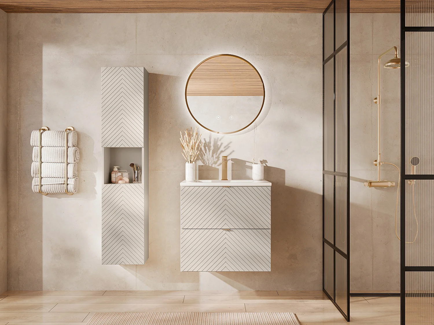 Meuble de salle de bain suspendu en chevrons avec vasque à encastrer et colonne - Beige - 60 cm - DORIONI