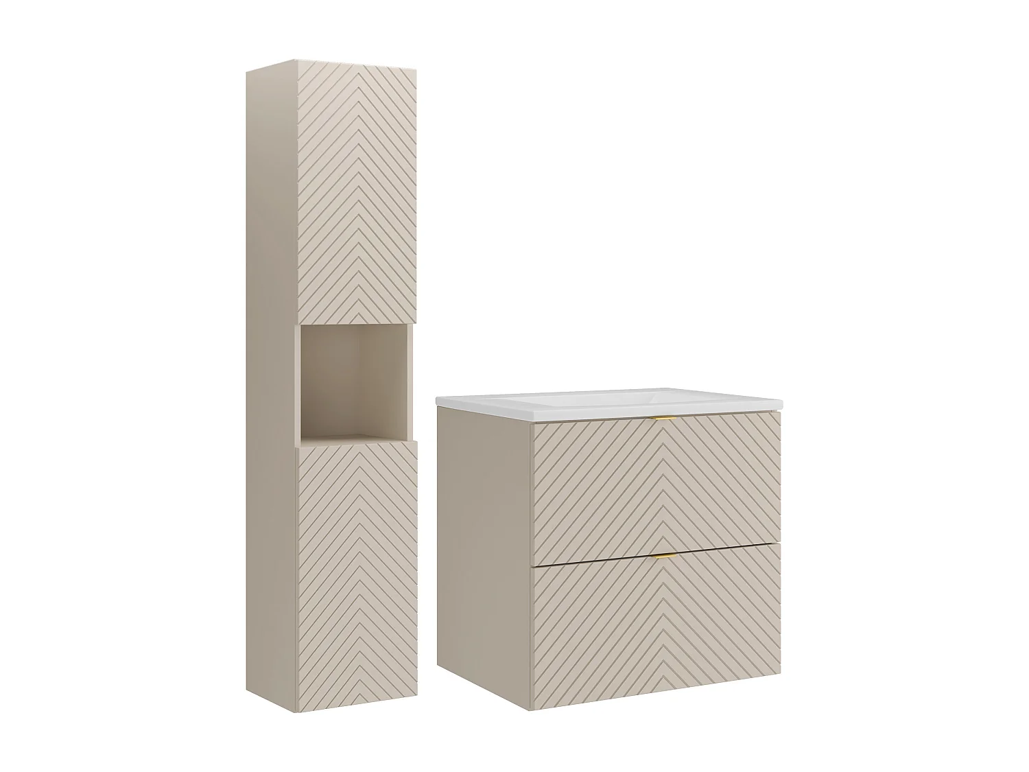 Meuble de salle de bain suspendu en chevrons avec vasque à encastrer et colonne - Beige - 60 cm - DORIONI