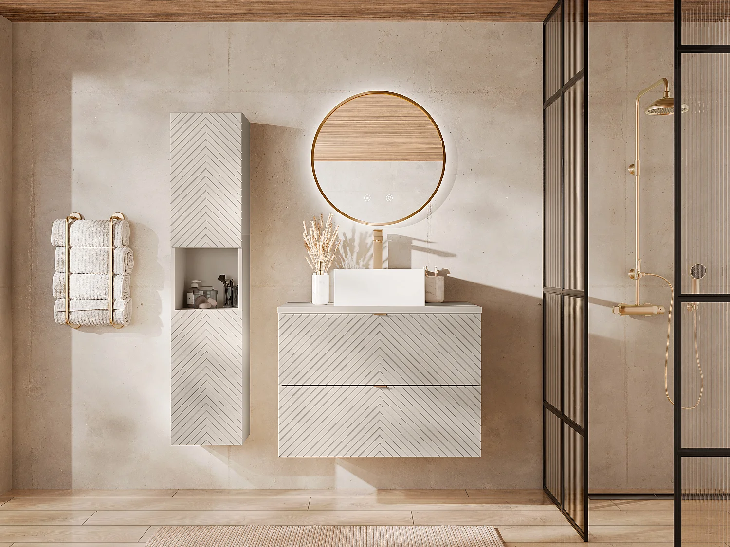 Meuble de salle de bain suspendu en chevrons avec vasque à poser carrée et colonne - Beige - 80 cm - DORIONI