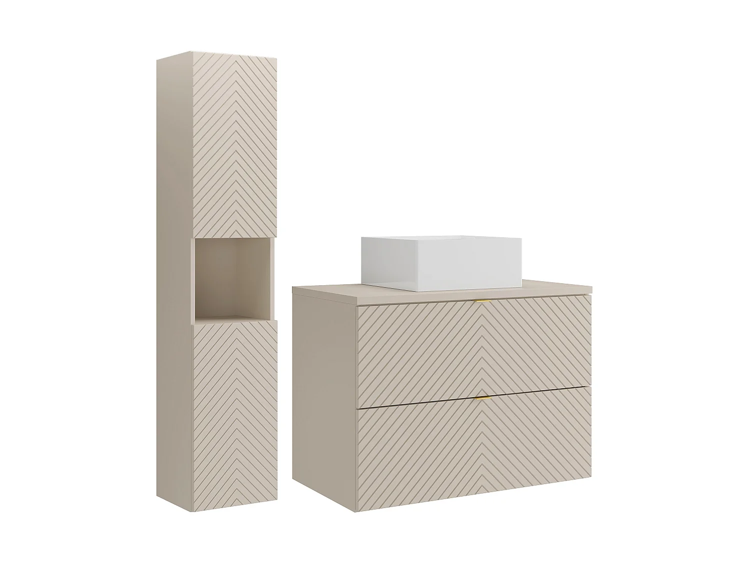 Meuble de salle de bain suspendu en chevrons avec vasque à poser carrée et colonne - Beige - 80 cm - DORIONI