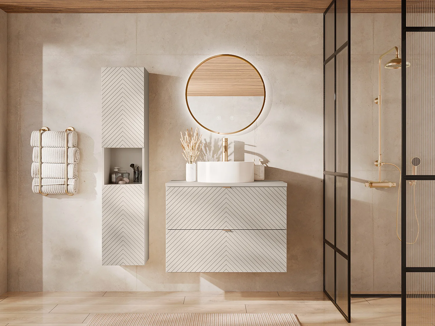 Meuble de salle de bain suspendu en chevrons avec vasque à poser ronde et colonne - Beige - 80 cm - DORIONI