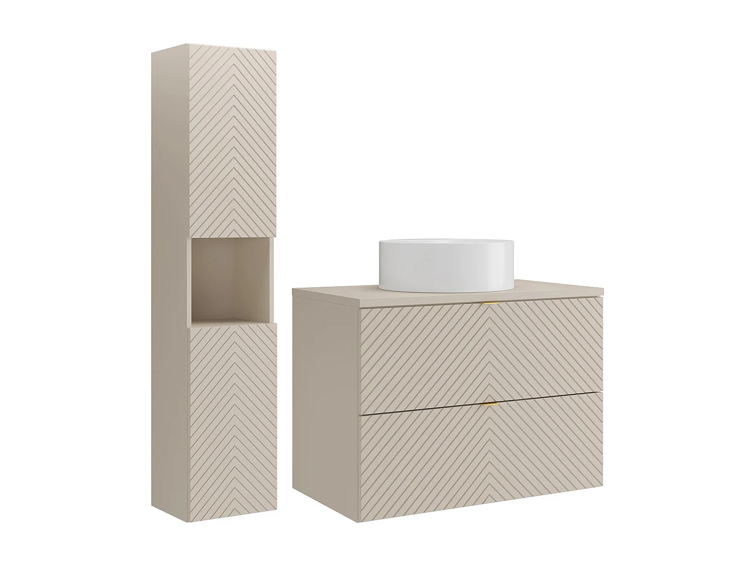 Meuble de salle de bain suspendu en chevrons avec vasque à poser ronde et colonne - Beige - 80 cm - DORIONI