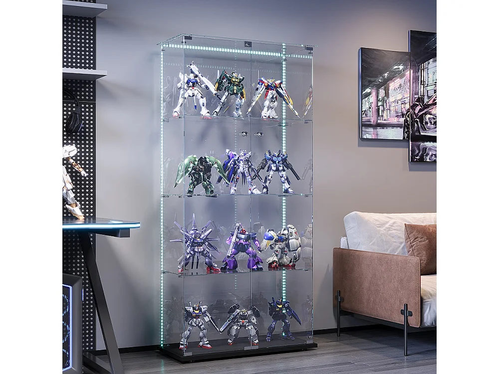 4 couches Collections Cabinet d'affichage de vitrine - avec bande de lumière LED et 2 portes - Cabinet de stockage transparent - plaque de base noire