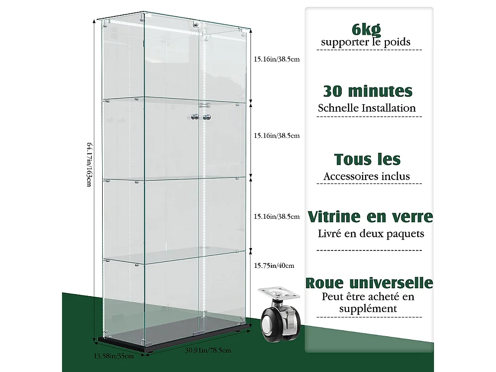 4 couches Collections Cabinet d'affichage de vitrine - avec bande de lumière LED et 2 portes - Cabinet de stockage transparent - plaque de base noire