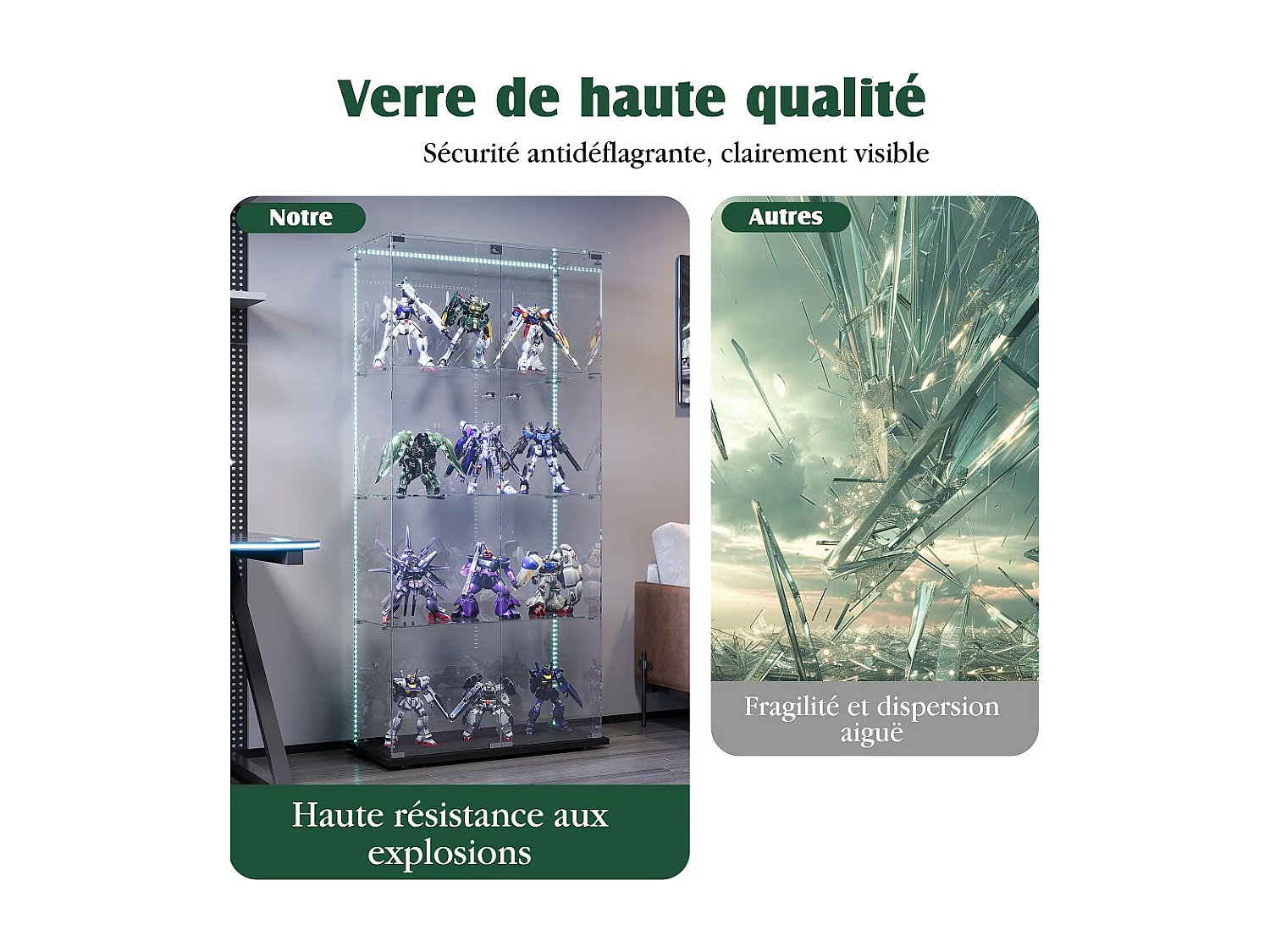 4 couches Collections Cabinet d'affichage de vitrine - avec bande de lumière LED et 2 portes - Cabinet de stockage transparent - plaque de base noire