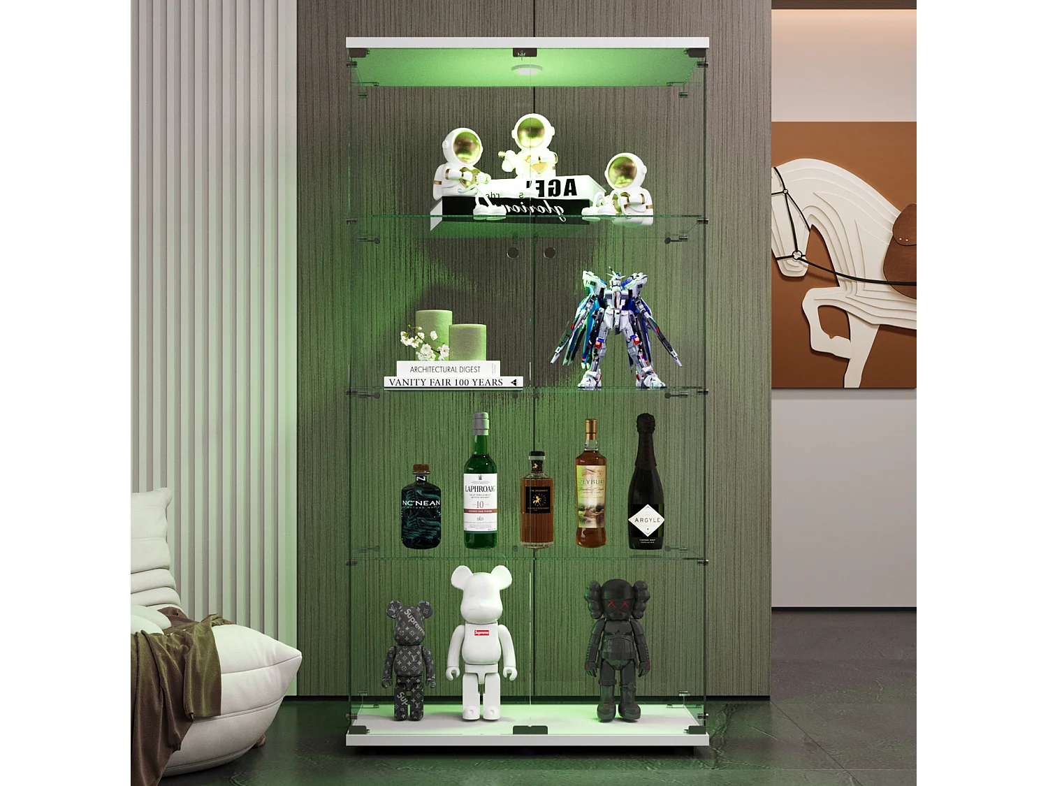 Moderne vitrinekast van gehard glas 164 cm met 2 deuren, 4 glazen planken, geïntegreerde LED-verlichting en beveiligde slot