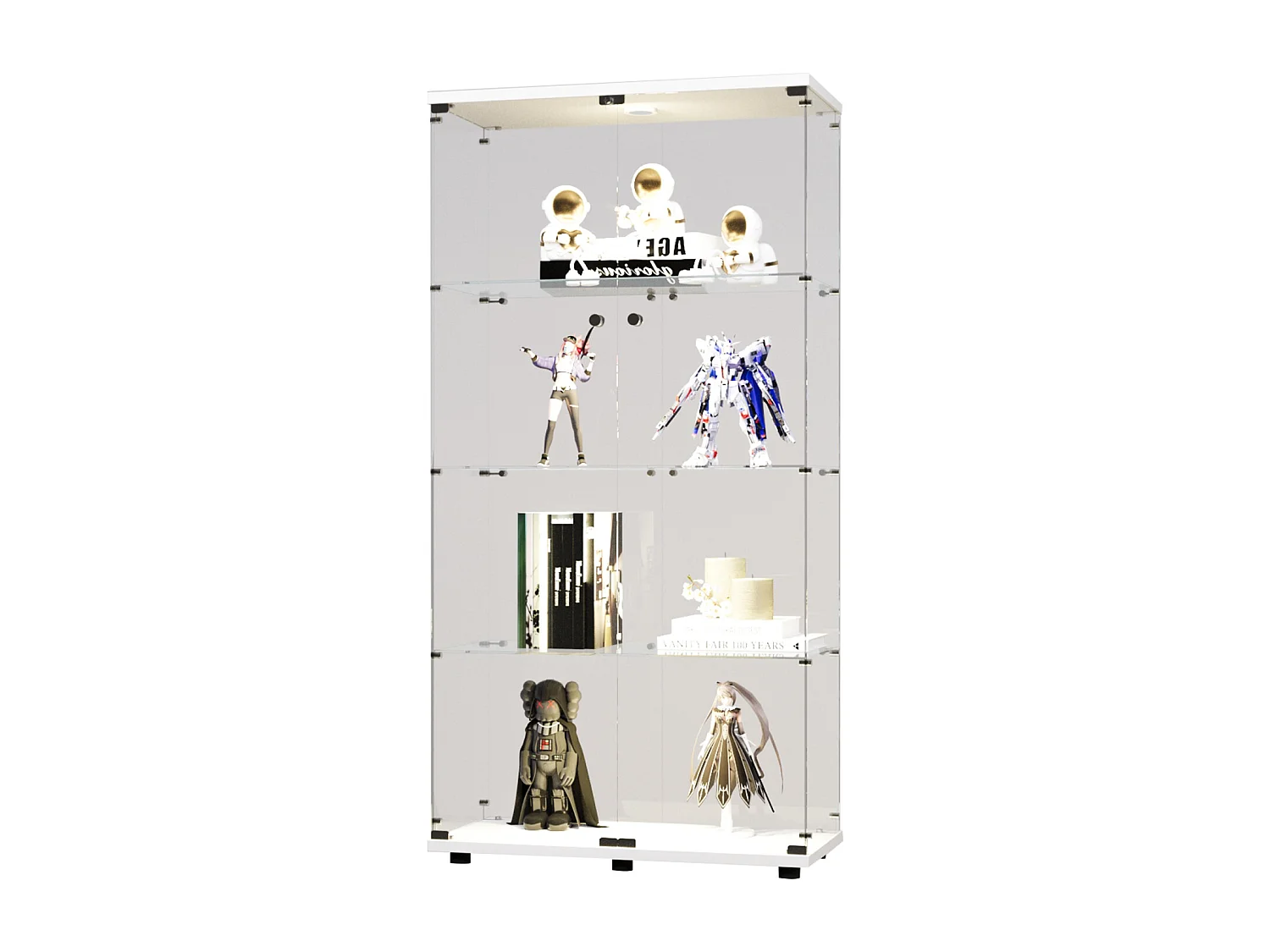 Moderne vitrinekast van gehard glas 164 cm met 2 deuren, 4 glazen planken, geïntegreerde LED-verlichting en beveiligde slot
