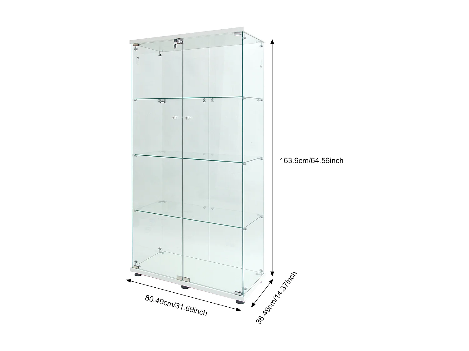 Moderne vitrinekast van gehard glas 164 cm met 2 deuren, 4 glazen planken, geïntegreerde LED-verlichting en beveiligde slot