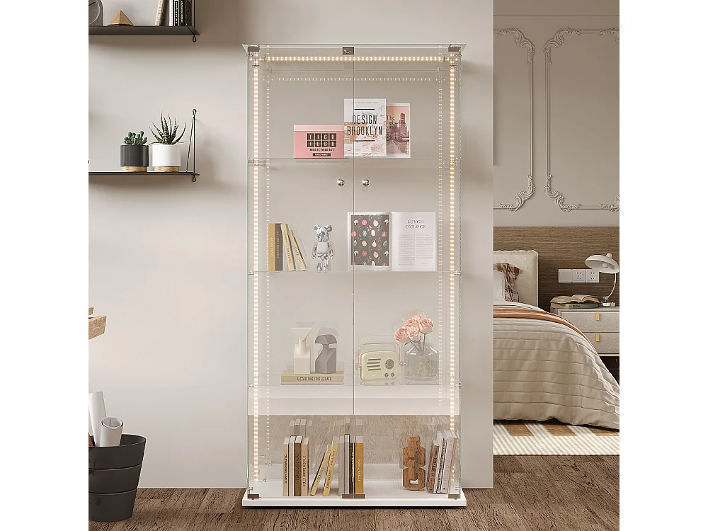Estante decorativa branca de 4 níveis com LED integrado, 2 portas, vidro temperado e design contemporâneo