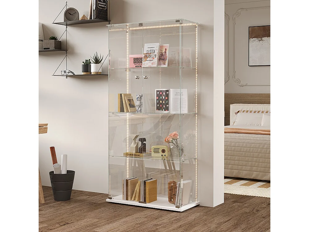 Estante decorativa branca de 4 níveis com LED integrado, 2 portas, vidro temperado e design contemporâneo