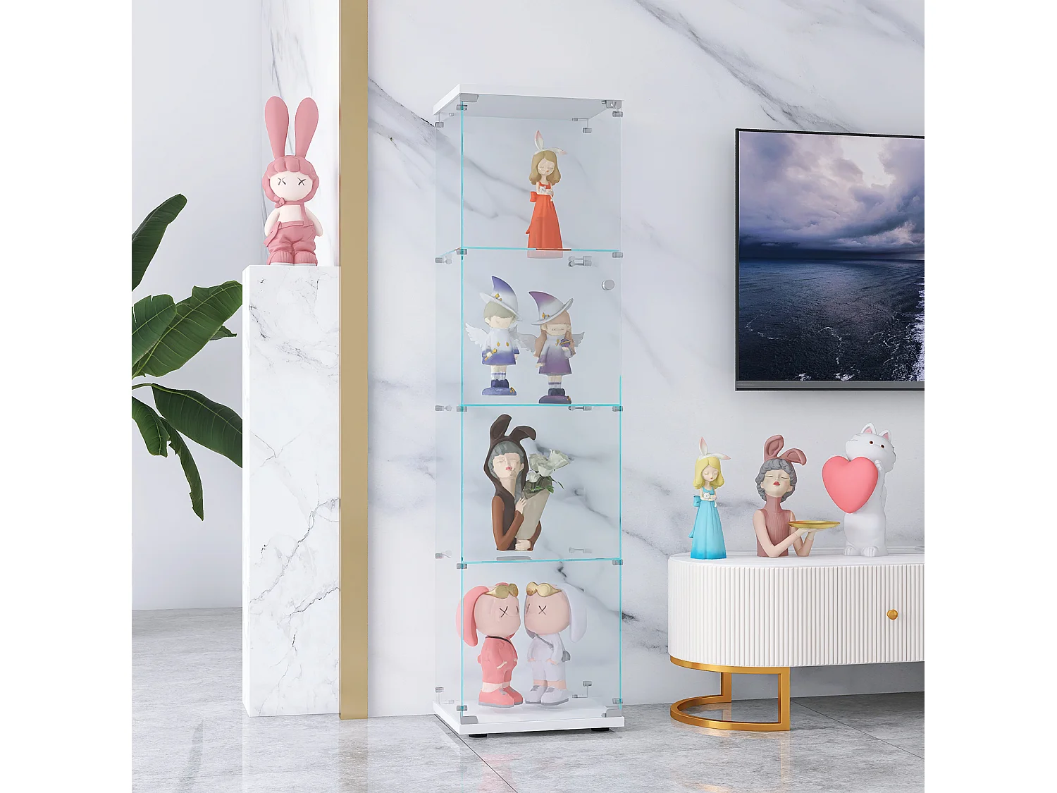 Vitrinekast van gehard glas met 4 planken en deur, 164x42,5x36,5 cm, witte basis, eigentijdse stijl zonder LED