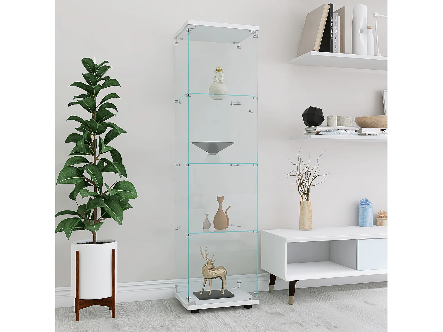 Vitrinekast van gehard glas met 4 planken en deur, 164x42,5x36,5 cm, witte basis, eigentijdse stijl zonder LED
