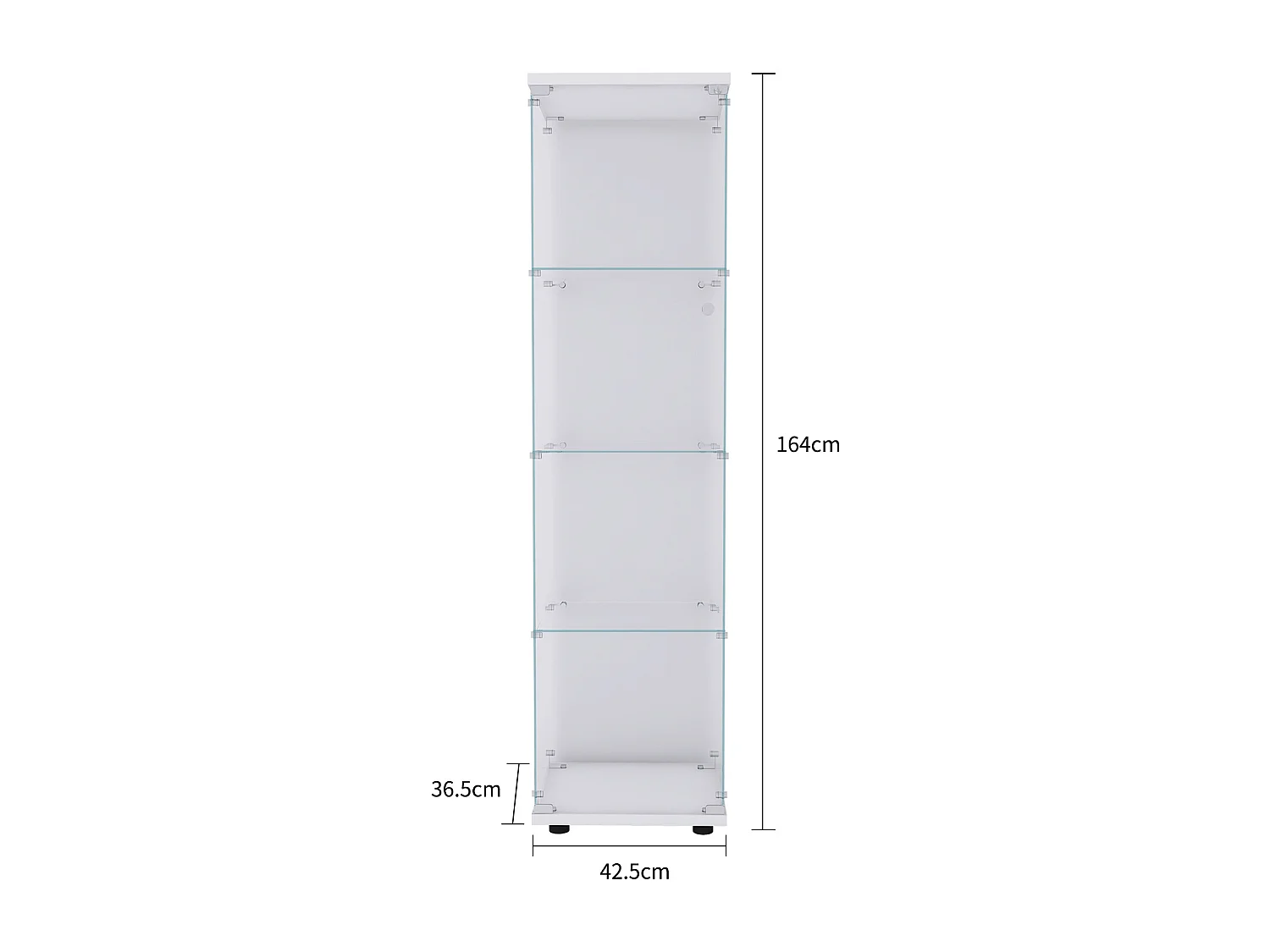 Vitrinekast van gehard glas met 4 planken en deur, 164x42,5x36,5 cm, witte basis, eigentijdse stijl zonder LED
