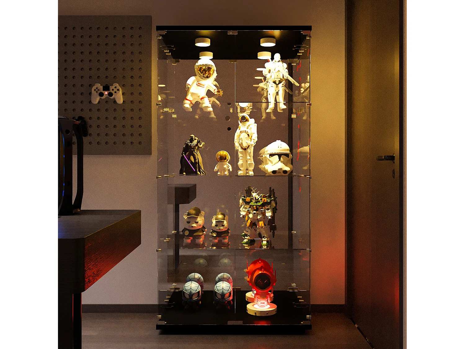 Armoire d'affichage en verre à 4 couches - avec 2 portes et lumières LED - Armoire d'affichage en verre trempé - noir