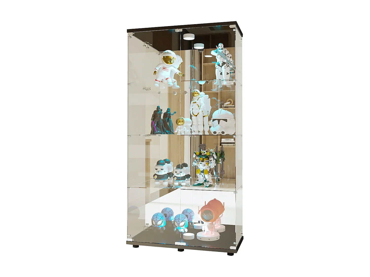 Armoire d'affichage en verre à 4 couches - avec 2 portes et lumières LED - Armoire d'affichage en verre trempé - noir