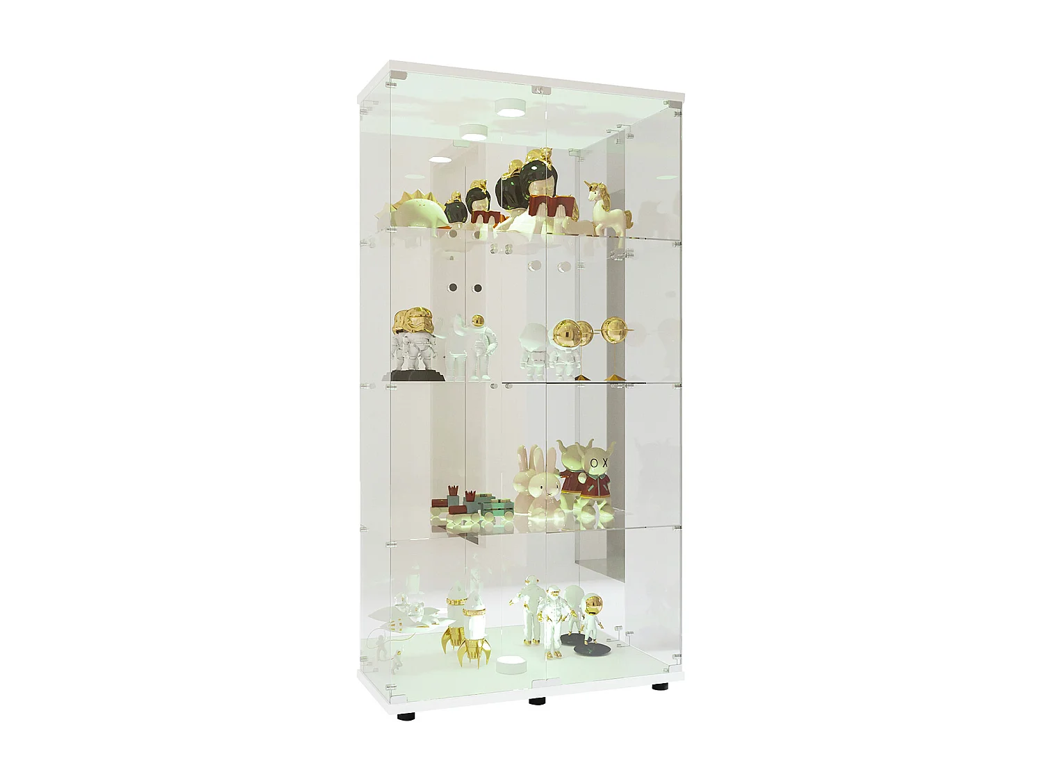 Armoire d'affichage en verre à 4 couches - avec 2 portes et lumières LED - Armoire d'affichage en verre trempé - blanc