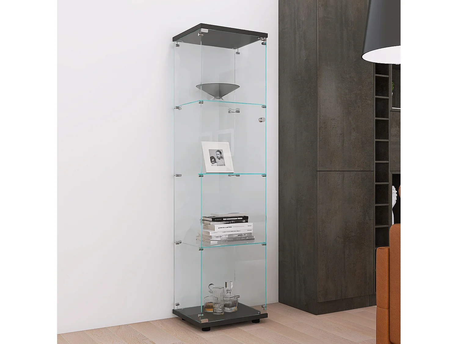 Zwarte vitrinekast van gehard glas met 4 planken 164x42,5x36,5 cm met beveiligde deur en verstelbare poten
