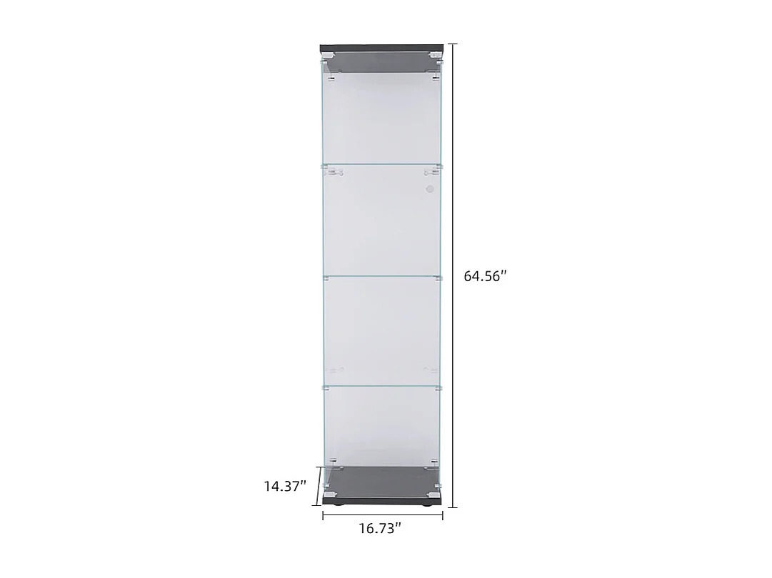 Zwarte vitrinekast van gehard glas met 4 planken 164x42,5x36,5 cm met beveiligde deur en verstelbare poten