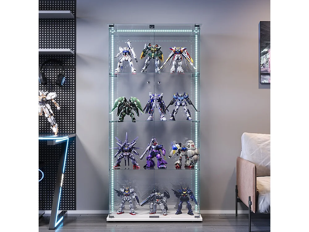 Vitrina blanca de 4 estantes con LED, puertas transparentes, vidrio templado y diseño contemporáneo 163x78,5x35 cm