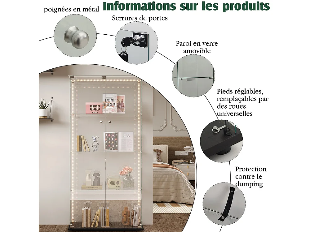 Vitrina blanca de 4 estantes con LED, puertas transparentes, vidrio templado y diseño contemporáneo 163x78,5x35 cm