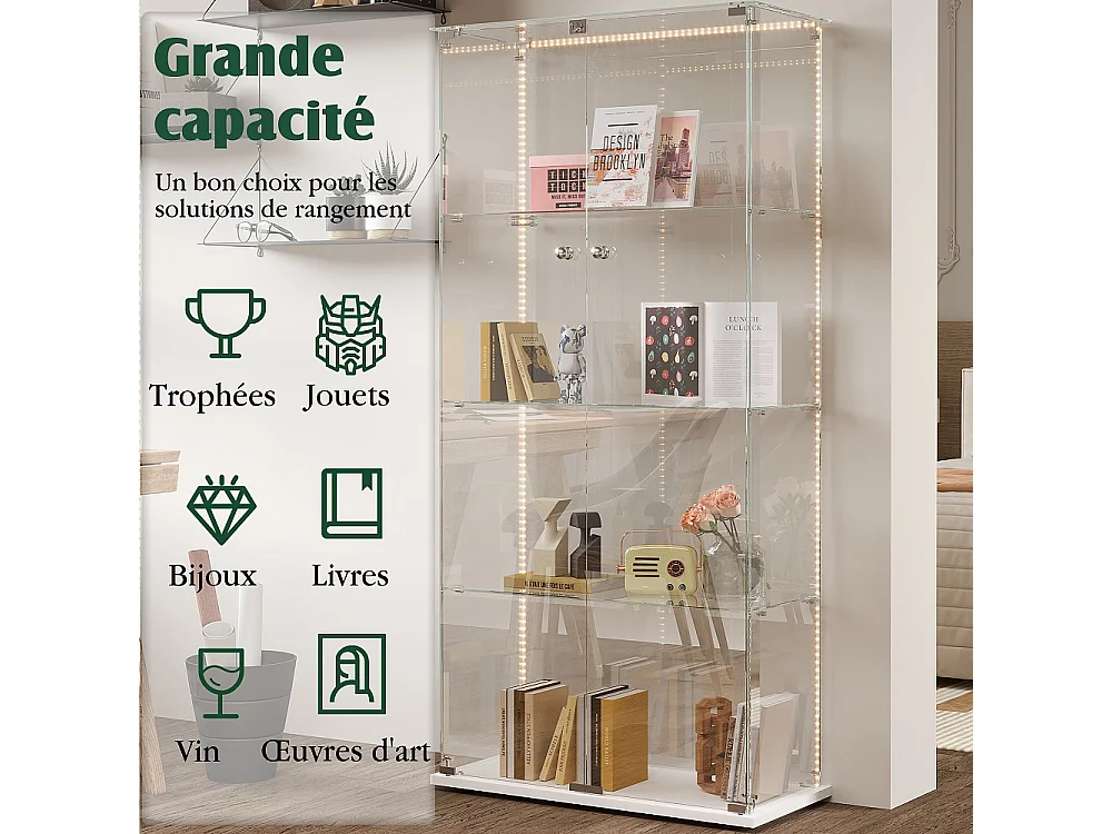 Vitrina blanca de 4 estantes con LED, puertas transparentes, vidrio templado y diseño contemporáneo 163x78,5x35 cm