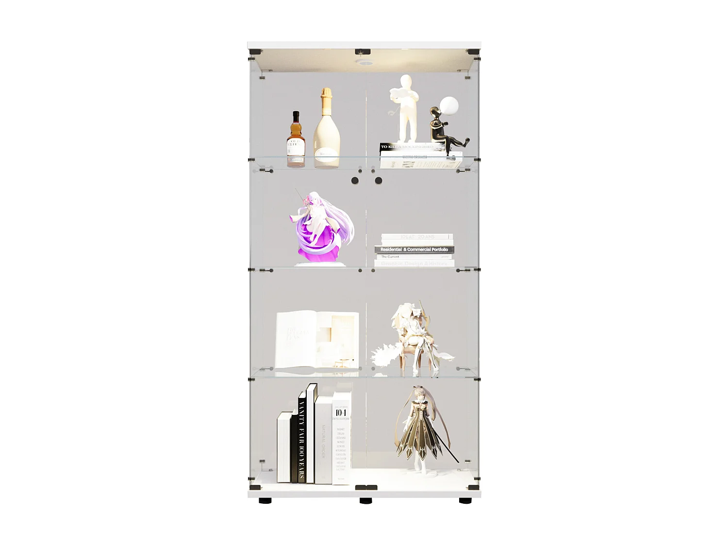 Moderne Glasvitrine mit LED-Lichtern, 2 Türen, 4 Regalen und Schloss