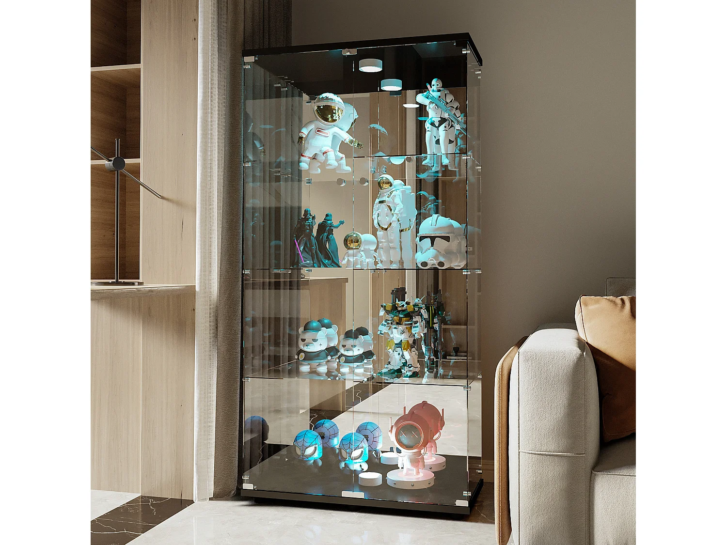 Étagère décorative du collectionneur clair - 4 couches avec 2 portes et lumières LED - Armoire d'affichage du collectionneur en verre trempé - noir