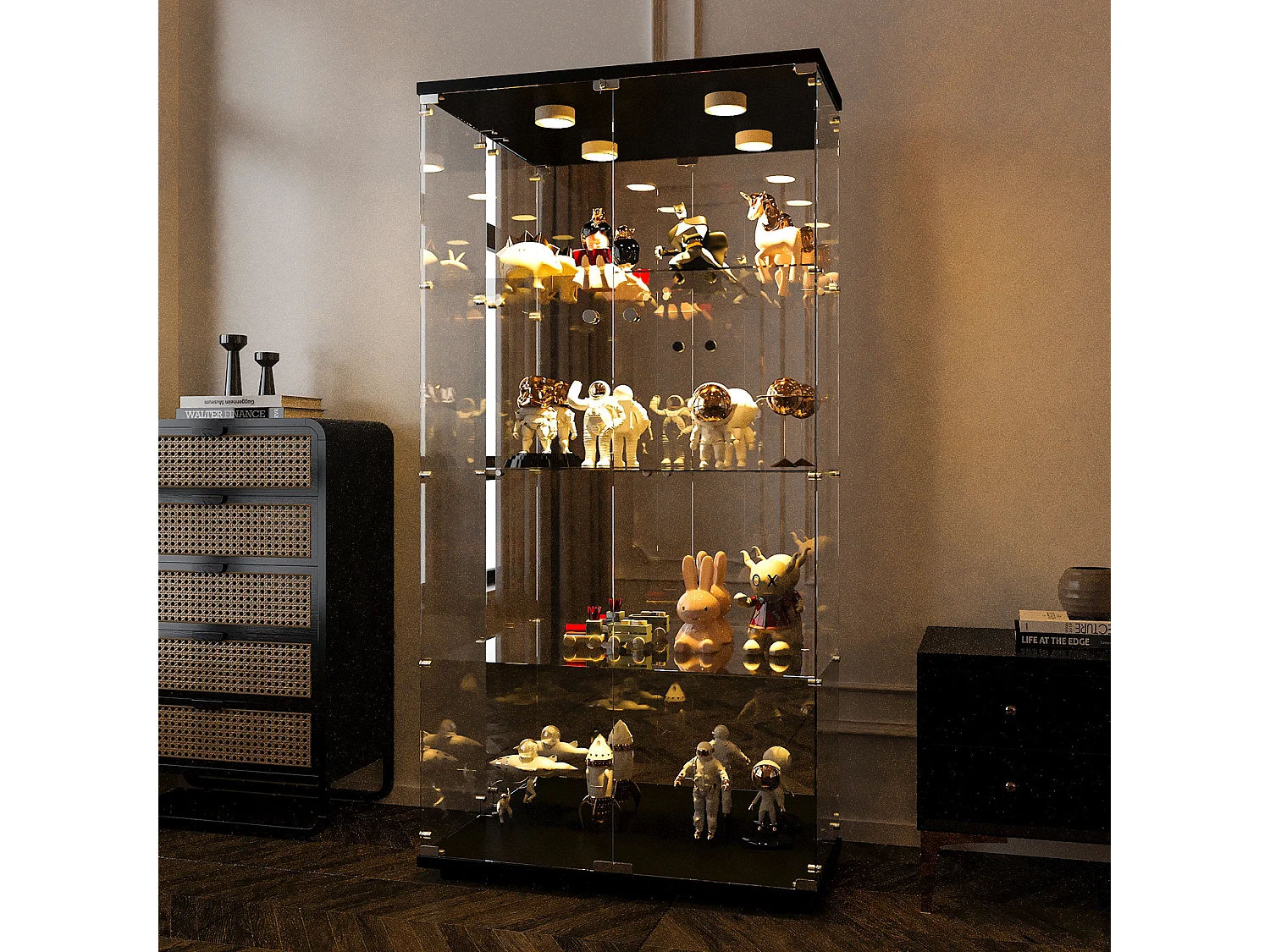 Étagère décorative du collectionneur clair - 4 couches avec 2 portes et lumières LED - Armoire d'affichage du collectionneur en verre trempé - noir