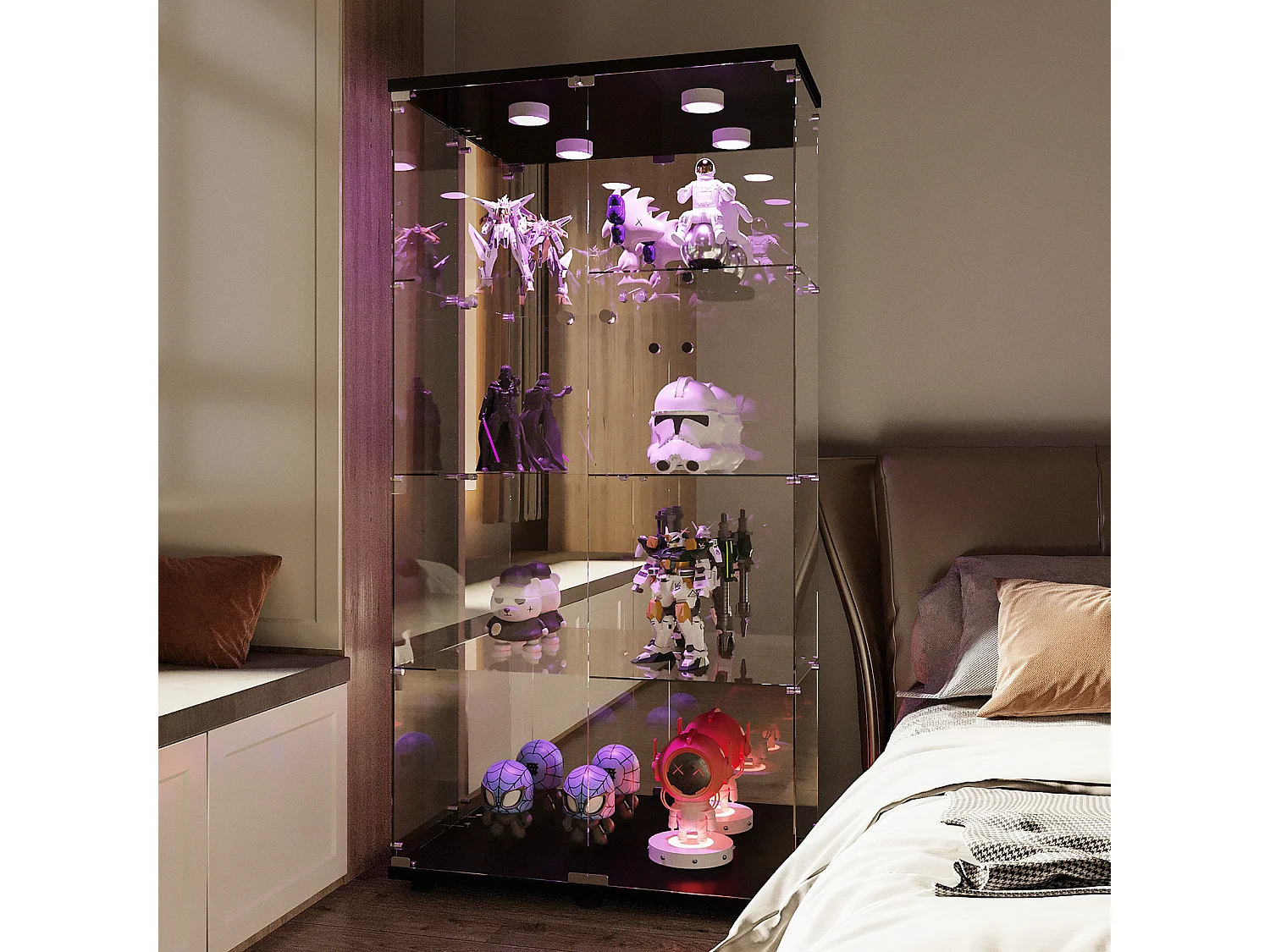 Étagère décorative du collectionneur clair - 4 couches avec 2 portes et lumières LED - Armoire d'affichage du collectionneur en verre trempé - noir