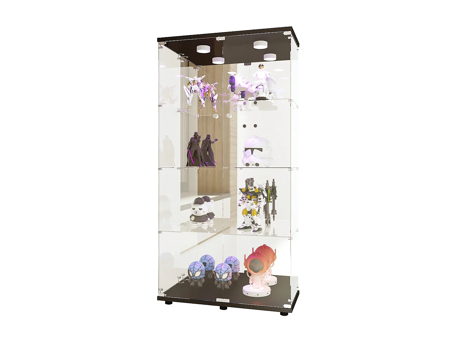 Étagère décorative du collectionneur clair - 4 couches avec 2 portes et lumières LED - Armoire d'affichage du collectionneur en verre trempé - noir