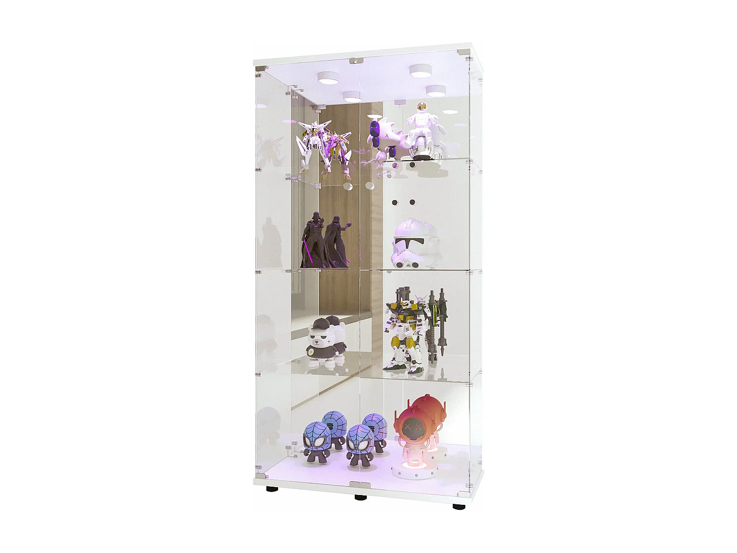 Moderne vitrinekast van wit gehard glas met 4 planken, deuren en geïntegreerde LED-verlichting