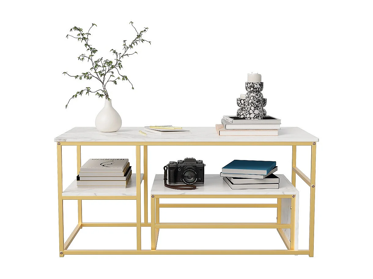 Tables à café avec espace de stockage - Tables latérales rectangulaires à 2 couches avec haut en marbre et cadre métallique - 52 x 105 x 48.5 cm + 45 x 60 x 28 cm