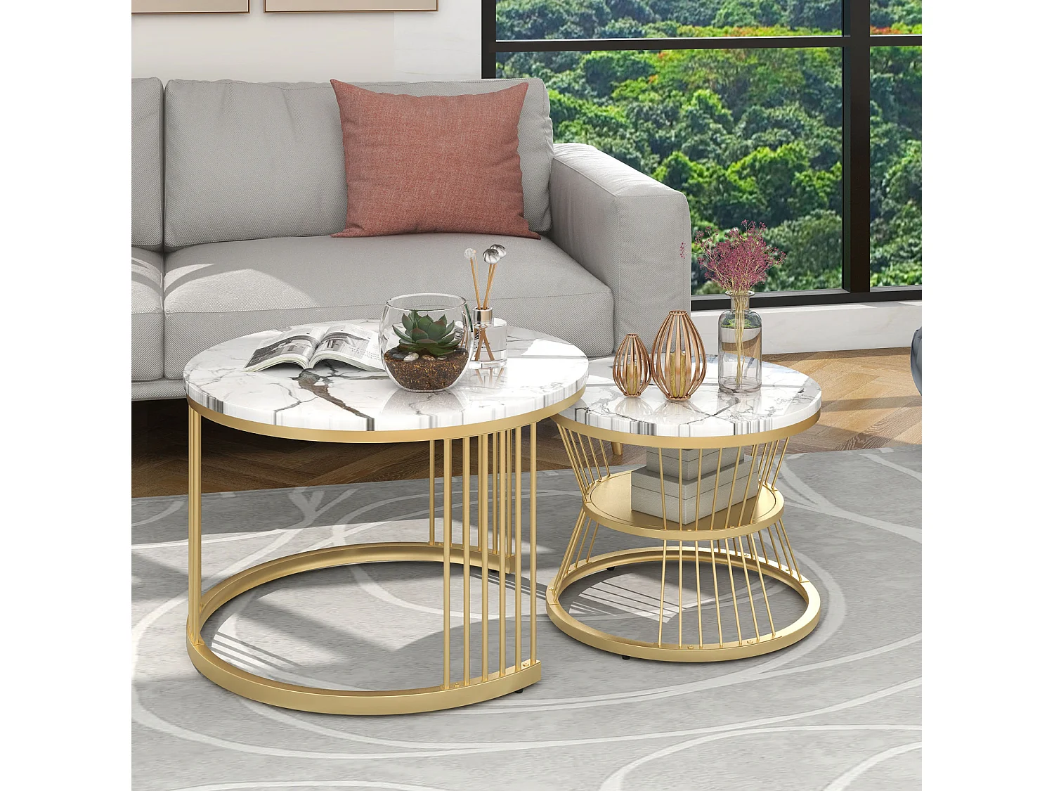 2pcs ronde moderne nidification table basse ensemble - Couleur d'or cadre en marbre placage canapé tables latérales - Tables de fin - blanc