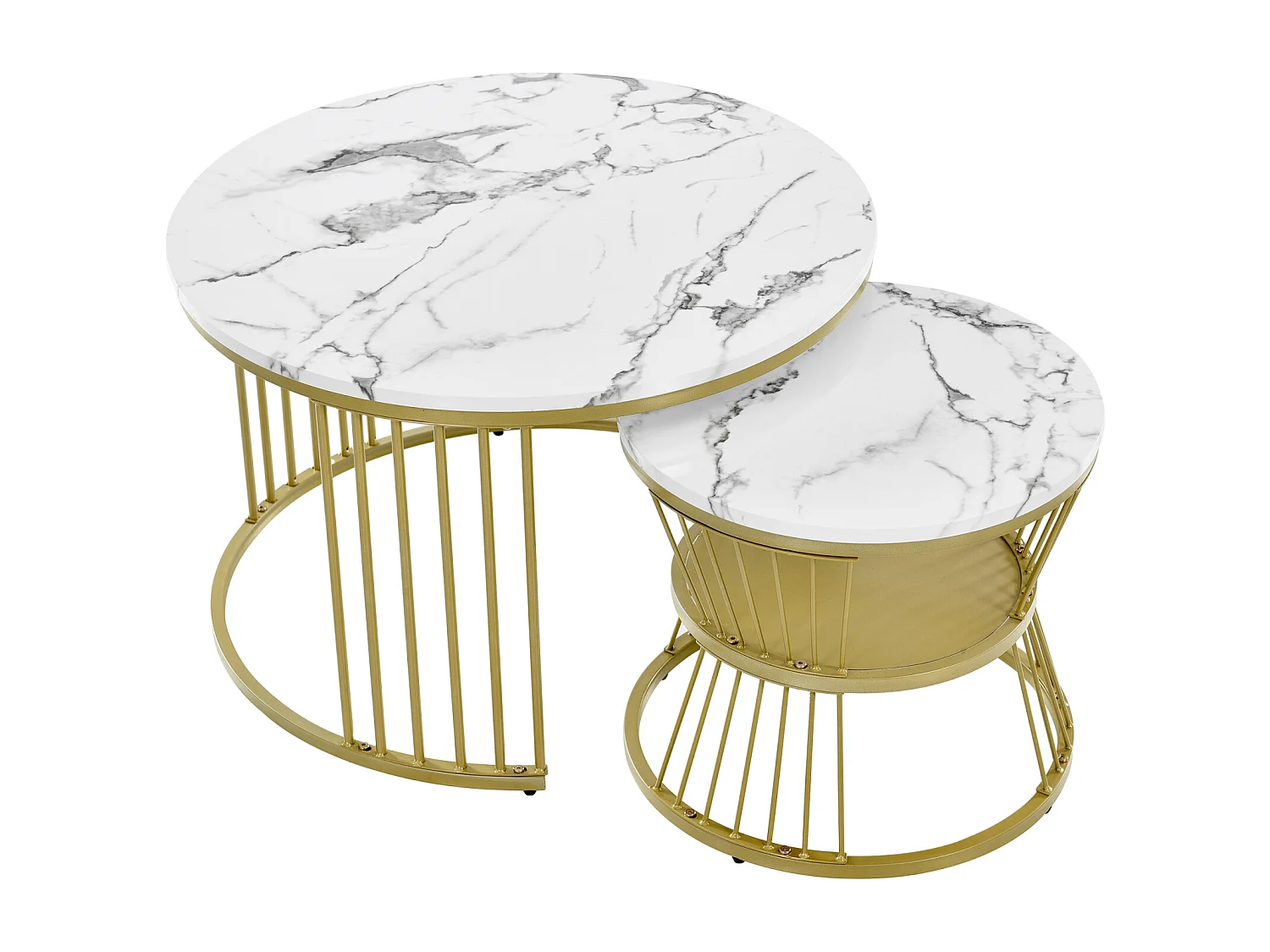 2pcs ronde moderne nidification table basse ensemble - Couleur d'or cadre en marbre placage canapé tables latérales - Tables de fin - blanc