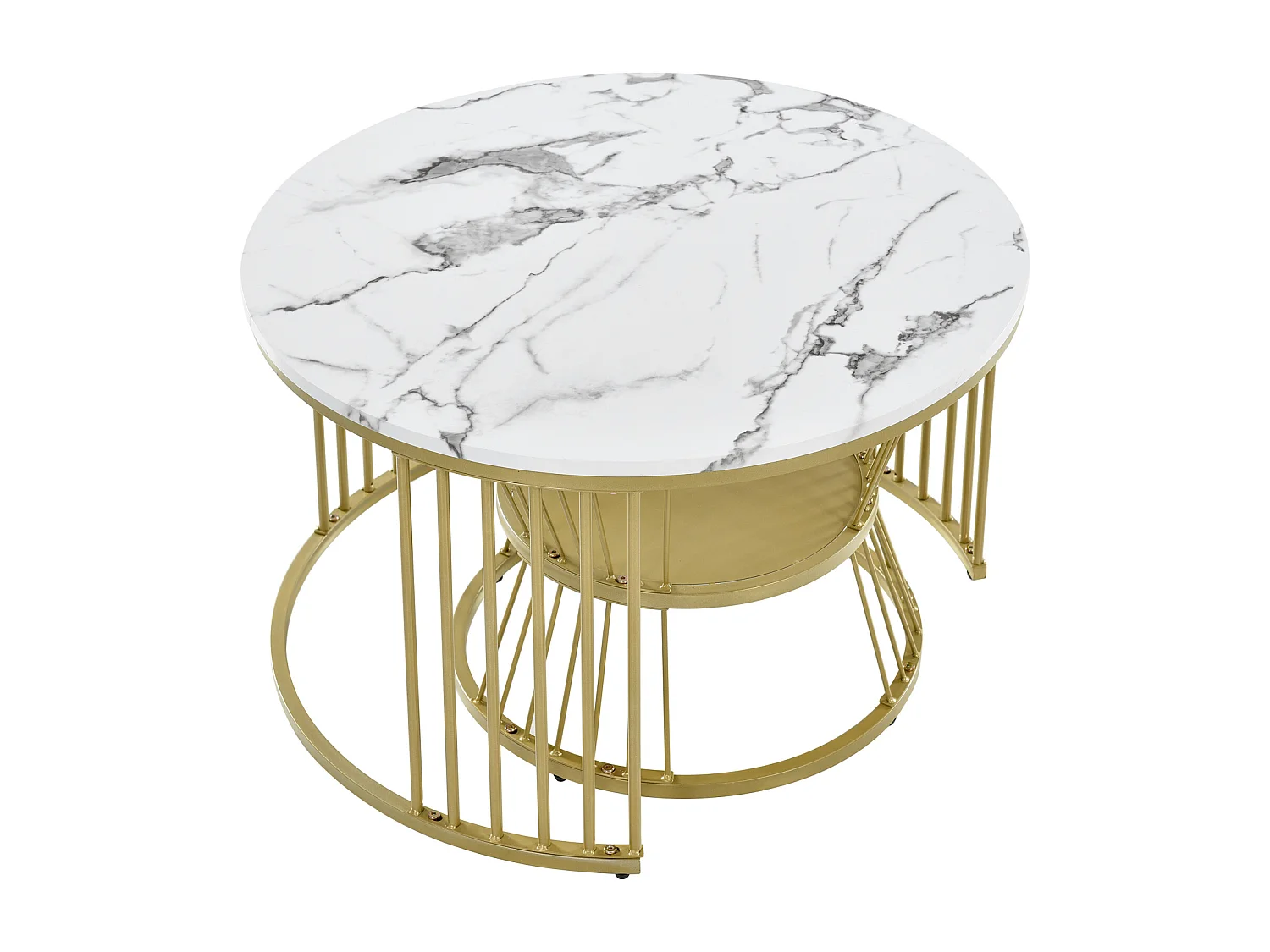 2pcs ronde moderne nidification table basse ensemble - Couleur d'or cadre en marbre placage canapé tables latérales - Tables de fin - blanc