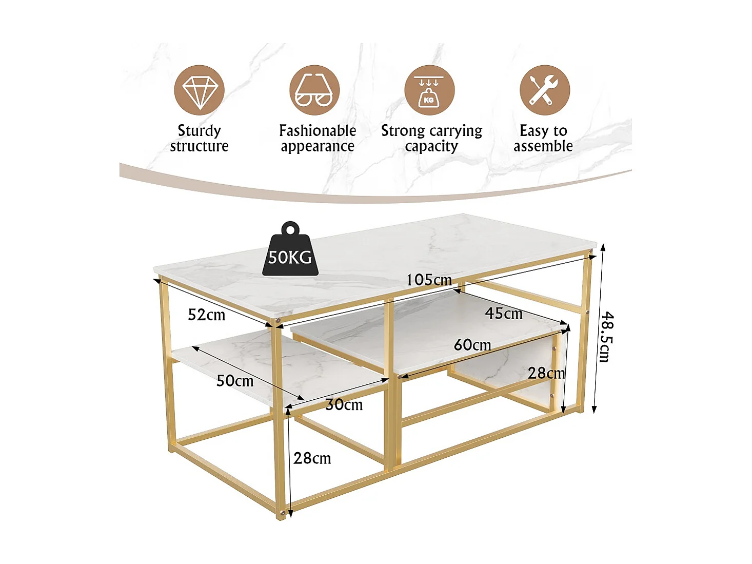 Table de canapé 2-en-1, 52 x 105 x 48.5 cm + 45 x 60 x 28 cm tables à café empilables modernes - avec marbre regarder haut et cadre métallique