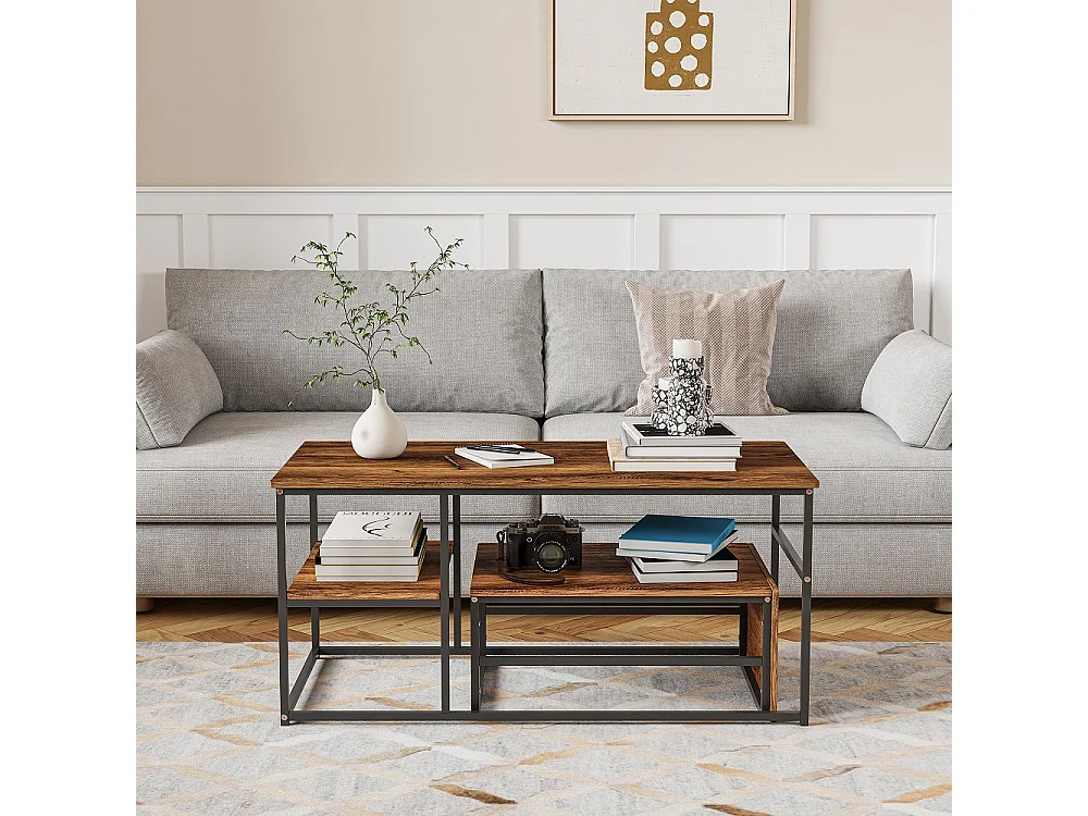 Ensemble de 2 tables à café empilables modernes - pieds de table noirs + panneau de grain de bois - avec espace de stockage